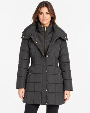 Cole Haan Signature Womens S Black Long Puffer Coat Gold Zip Hooded Winter